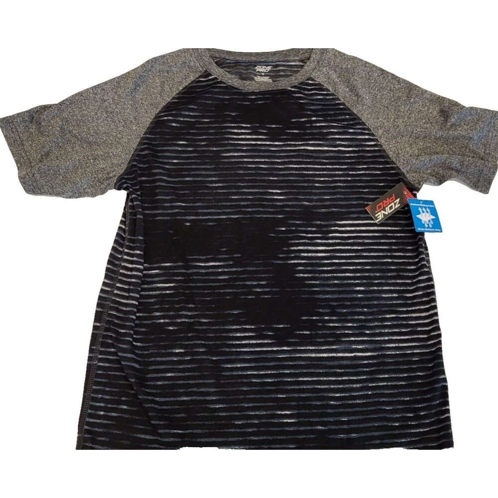 Zone Pro Mens Small NWT Athletic Shirt Black Gray Striped Performance Raglan